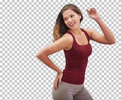 Buy stock photo Happy, energy and woman with fitness with fashion and confidence in transparent, isolated or png background. Person, smile and model with pride in casual style, outfit and sportswear clothes
