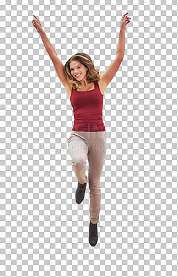 Buy stock photo Smile, jump and portrait of woman with freedom, celebration and excited person isolated on transparent png background. Girl, arms and hop in air with energy, happiness and achievement for success
