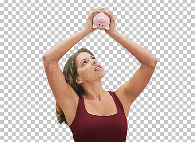 Buy stock photo Woman holding a piggy bank, empty and finance problems with person isolated on transparent background. Model, png and girl with poverty and inflation with stress and bankruptcy with economy or budget