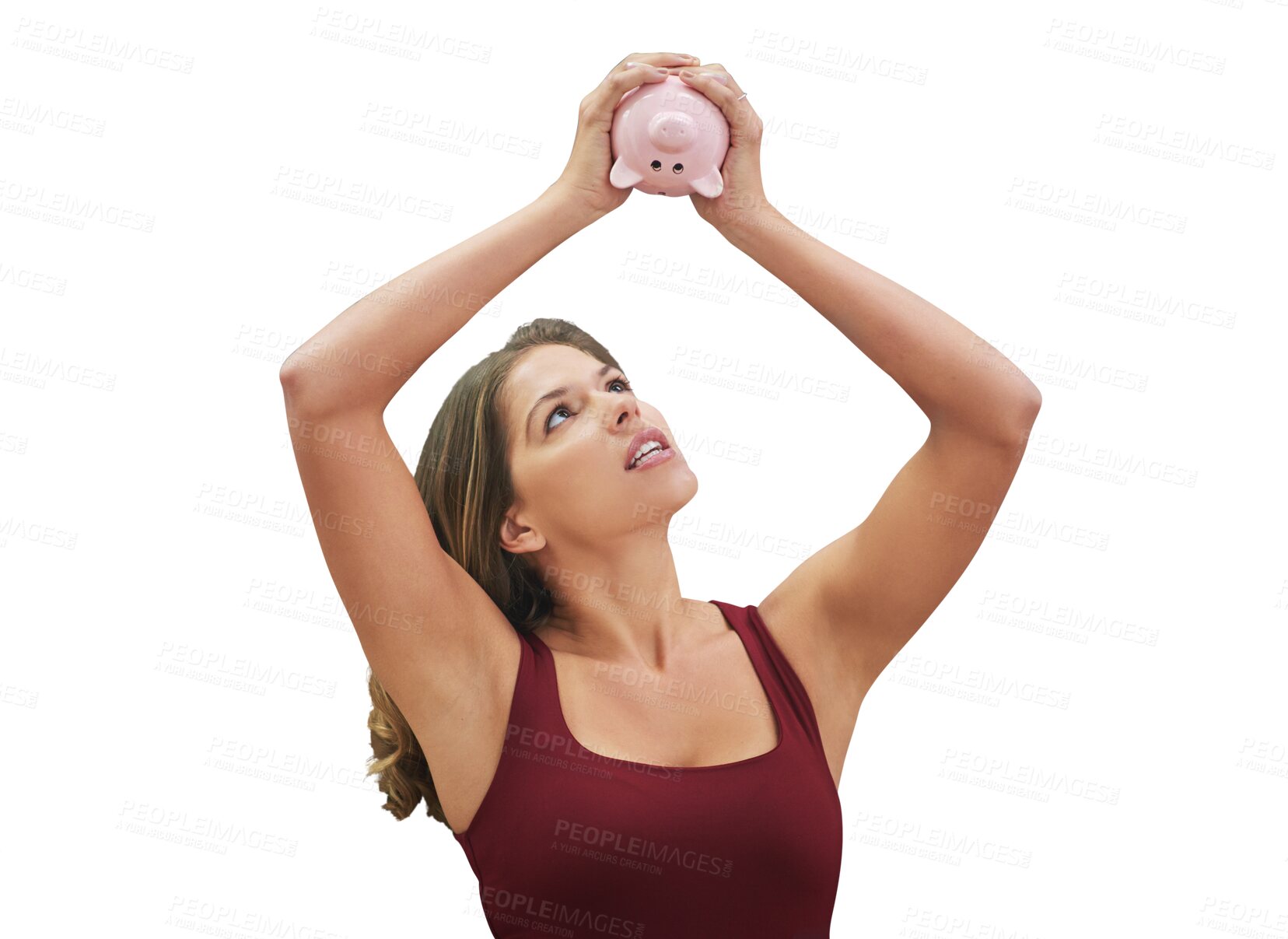 Buy stock photo Woman holding a piggy bank, empty and finance problems with person isolated on transparent background. Model, png and girl with poverty and inflation with stress and bankruptcy with economy or budget