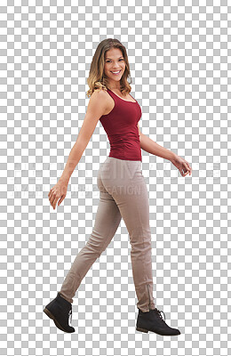 Buy stock photo Happy, woman and walking in portrait with fashion and confidence in transparent, isolated or png background. Girl, smile and cool model with casual streetwear style, leggings or clothes with boots