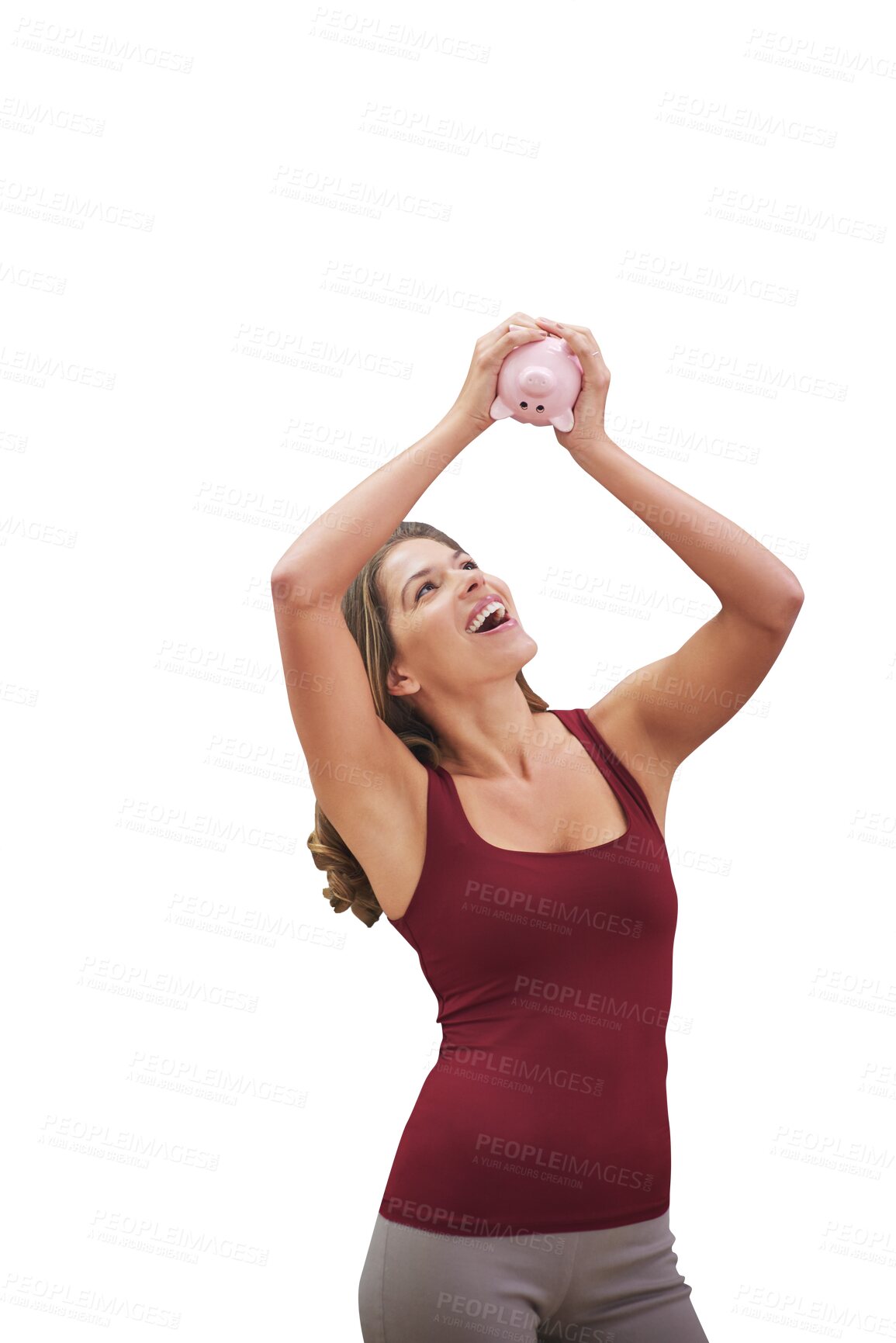 Buy stock photo Excited, woman and piggy bank for finance, budget and investment for future profit isolated on a transparent png background. Smile, savings and person with money box, cash and container for wealth