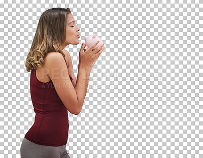 Buy stock photo Kiss, woman and piggy bank for finance, savings and investment for income deposit isolated on a transparent png background. Profit, budget and person with money box, cash and container for wealth