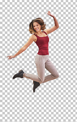 Buy stock photo Happy, jump and portrait of woman with energy, celebration and excited person isolated on transparent png background. Girl, smile and hop in air for freedom, happiness and achievement with success
