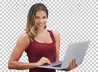 Buy stock photo Woman, portrait and laptop for communication, smile and technology for fitness blog. Happy person, face and computer for health and wellness or exercise isolated on a transparent, png background