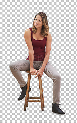 Buy stock photo Woman, fashion and portrait on chair smile with confidence in isolated, transparent and png background. Model, sitting and girl with pride in casual style or college student relax with happiness