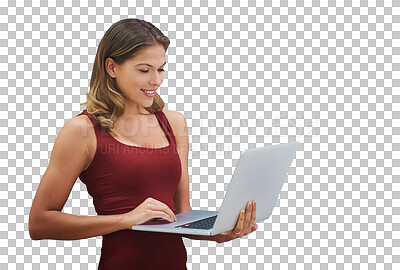 Buy stock photo Happy woman, laptop and checking email for communication, browsing or networking on a transparent PNG background. Young female person or model with smile on computer or technology for online research