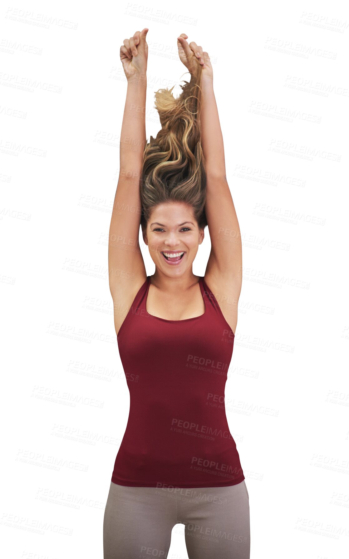 Buy stock photo Happy, jump and portrait of woman with celebration, freedom and person excited for success. Smile, hop and girl in air for energy, happiness and achievement isolated on transparent png background
