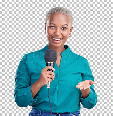 Buy stock photo Happy, portrait and black woman with microphone for interview, news program or questions. Host, smile and young African female reporter, presenter or journalist isolated by transparent png background