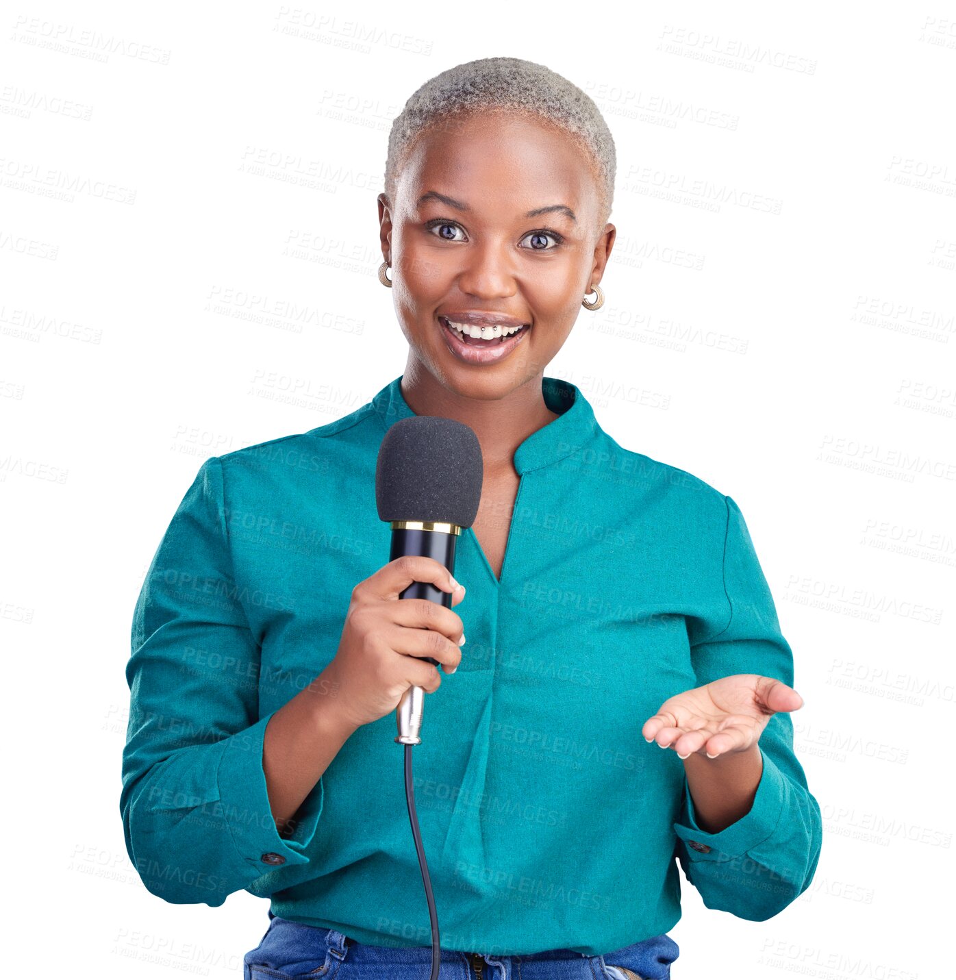 Buy stock photo Happy, portrait and black woman with microphone for interview, news program or questions. Host, smile and young African female reporter, presenter or journalist isolated by transparent png background