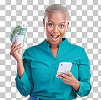 Money, phone and woman in surprise portrait, finance winning and