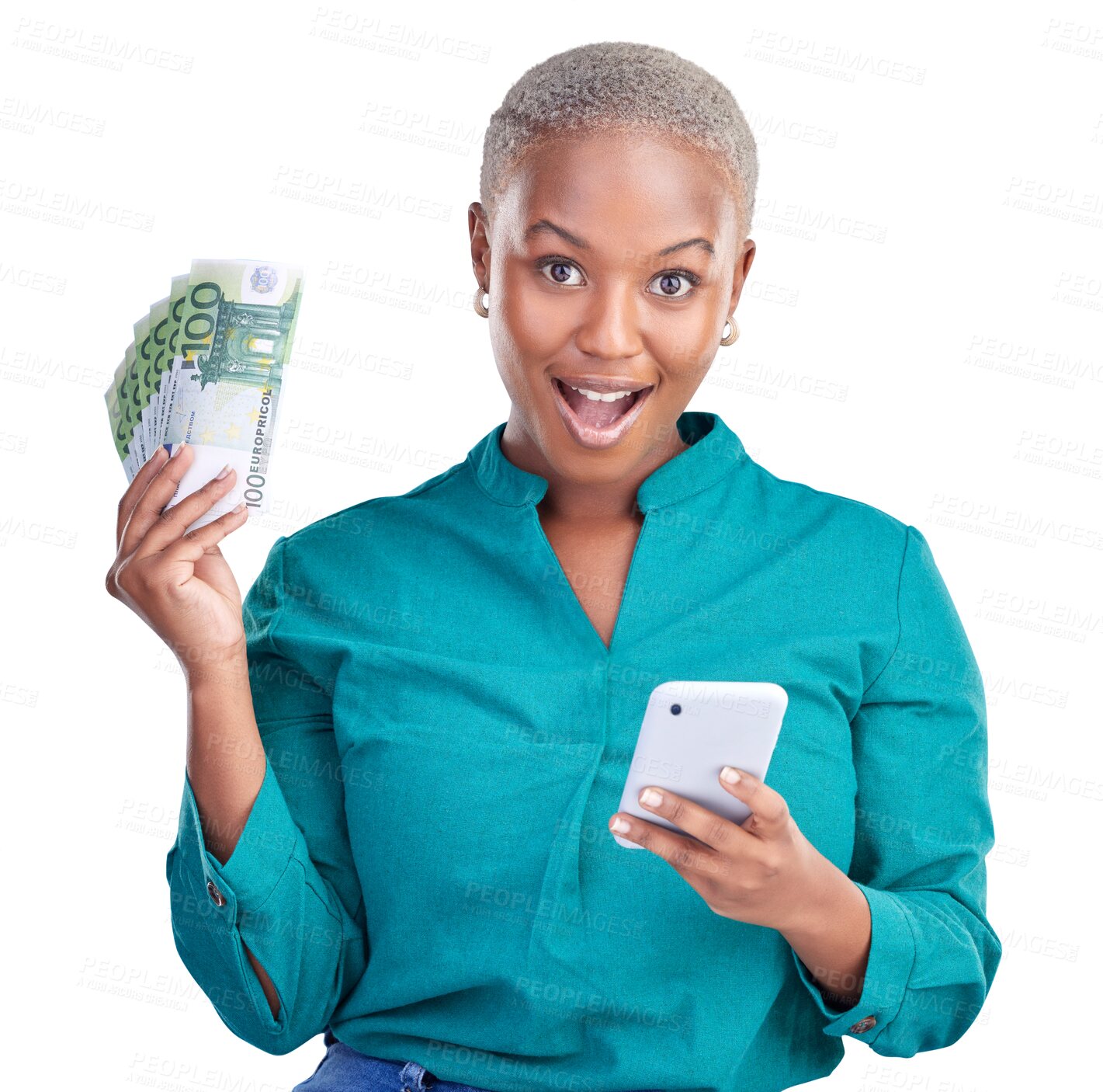 Buy stock photo Money, smartphone and black woman in portrait with surprise for gambling, winner and cash prize. Success, female person and technology with bank notes on isolated, transparent and png background