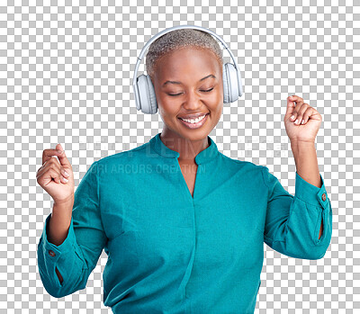 Buy stock photo Black woman, dancing and headphones in isolated, transparent background and smile with technology for music in radio. Girl, happy and streaming online on app with internet, png and listening to audio