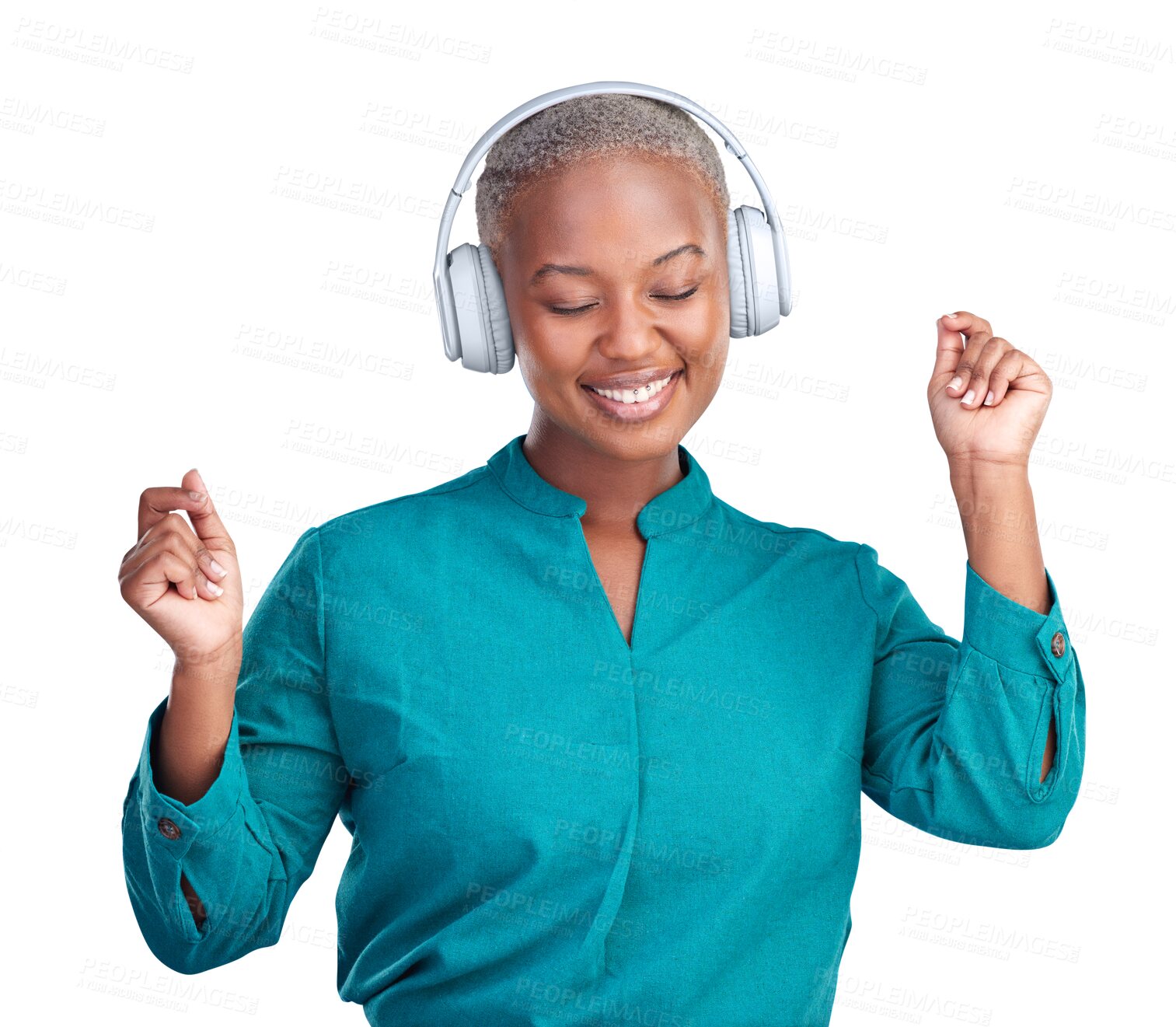 Buy stock photo Black woman, dancing and headphones in isolated, transparent background and smile with technology for music in radio. Girl, happy and streaming online on app with internet, png and listening to audio