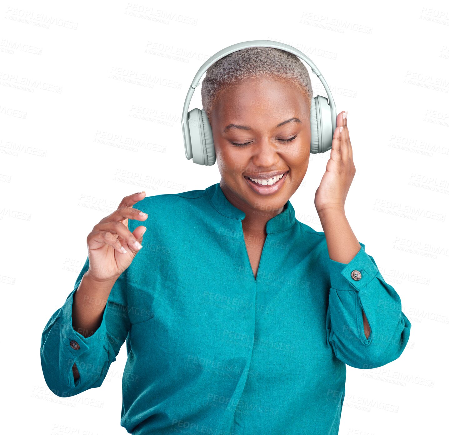 Buy stock photo African woman, headphones and dance to music with smile, happy and joy on isolated, transparent png background. Streaming, online soundtrack and playlist for listening to song for fun and relax