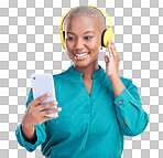 Headphones, phone and woman listening on studio, blue background