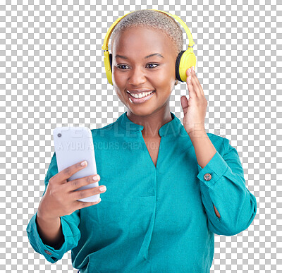 Buy stock photo Black woman, smartphone and headphones for video call with smile, happy and joy on isolated, transparent png background. Streaming, online music and social media to search entertainment for fun.