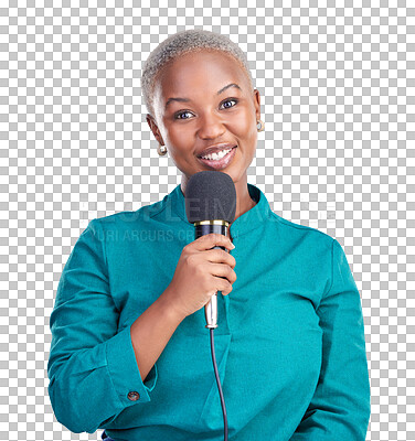 Buy stock photo Smile, portrait and black woman with microphone for interview, news program or questions. Host, happy and young African female reporter, presenter or journalist isolated by transparent png background