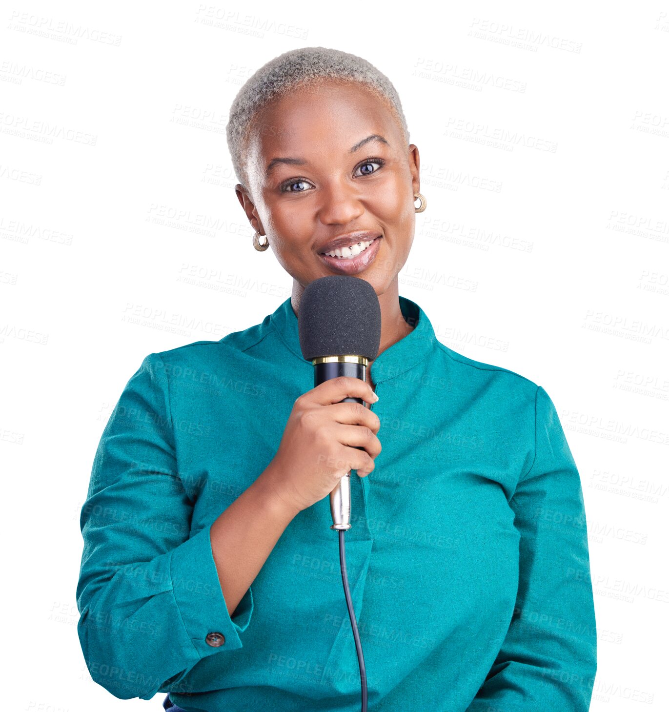 Buy stock photo Smile, portrait and black woman with microphone for interview, news program or questions. Host, happy and young African female reporter, presenter or journalist isolated by transparent png background