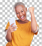 Surprise, phone and happy black woman excited for announcement,