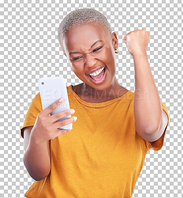 Buy stock photo Excited with smartphone, black woman winning and fist pump for celebration isolated on png transparent background. Online competition, social media giveaway and happiness for prize or award on app