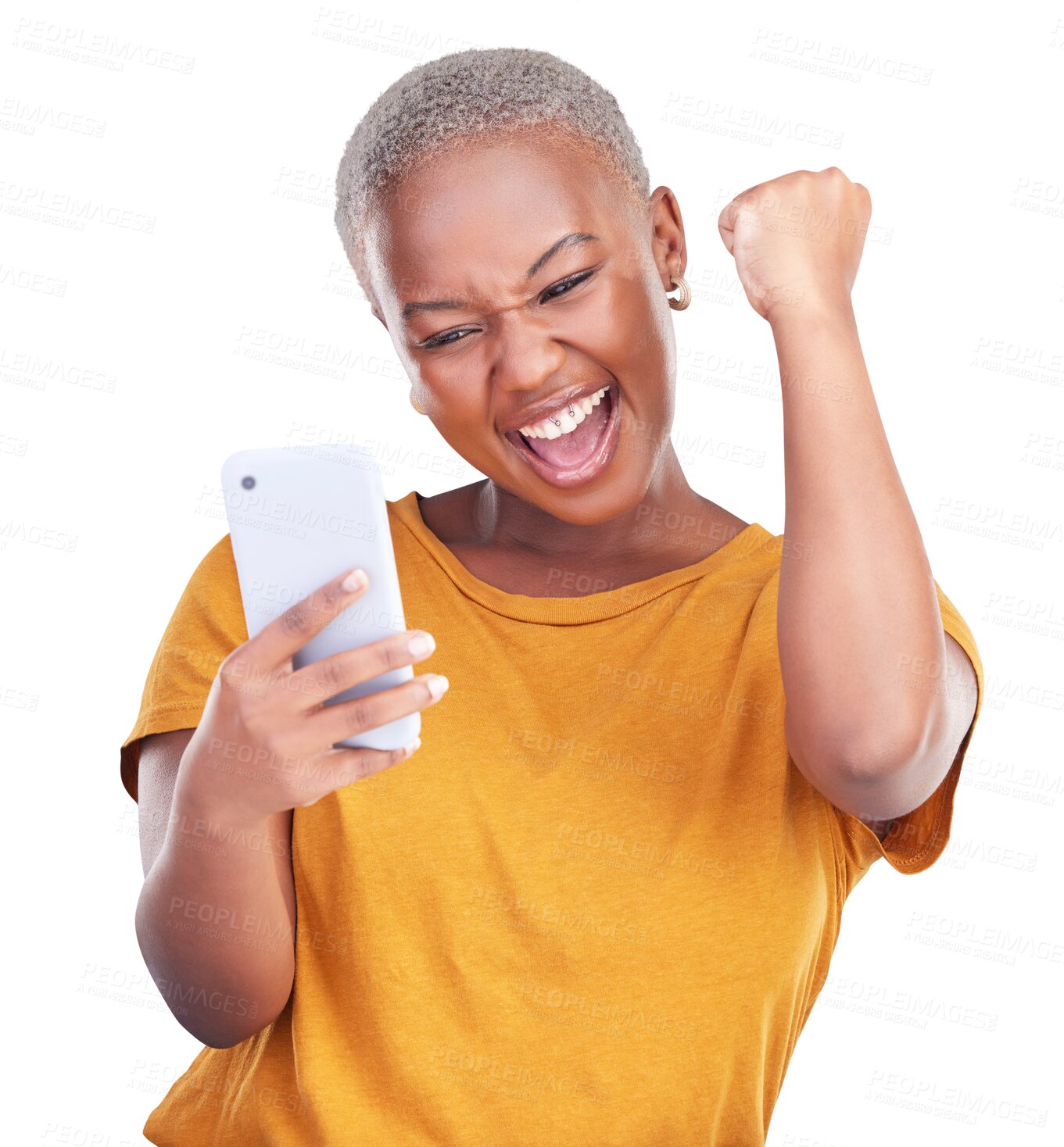 Buy stock photo Excited with smartphone, black woman winning and fist pump for celebration isolated on png transparent background. Online competition, social media giveaway and happiness for prize or award on app