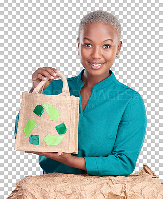 Buy stock photo Woman, portrait and bag for recycling with sign, environment and climate change isolated on png transparent background. Shopping, African customer with eco friendly carrier and social responsibility