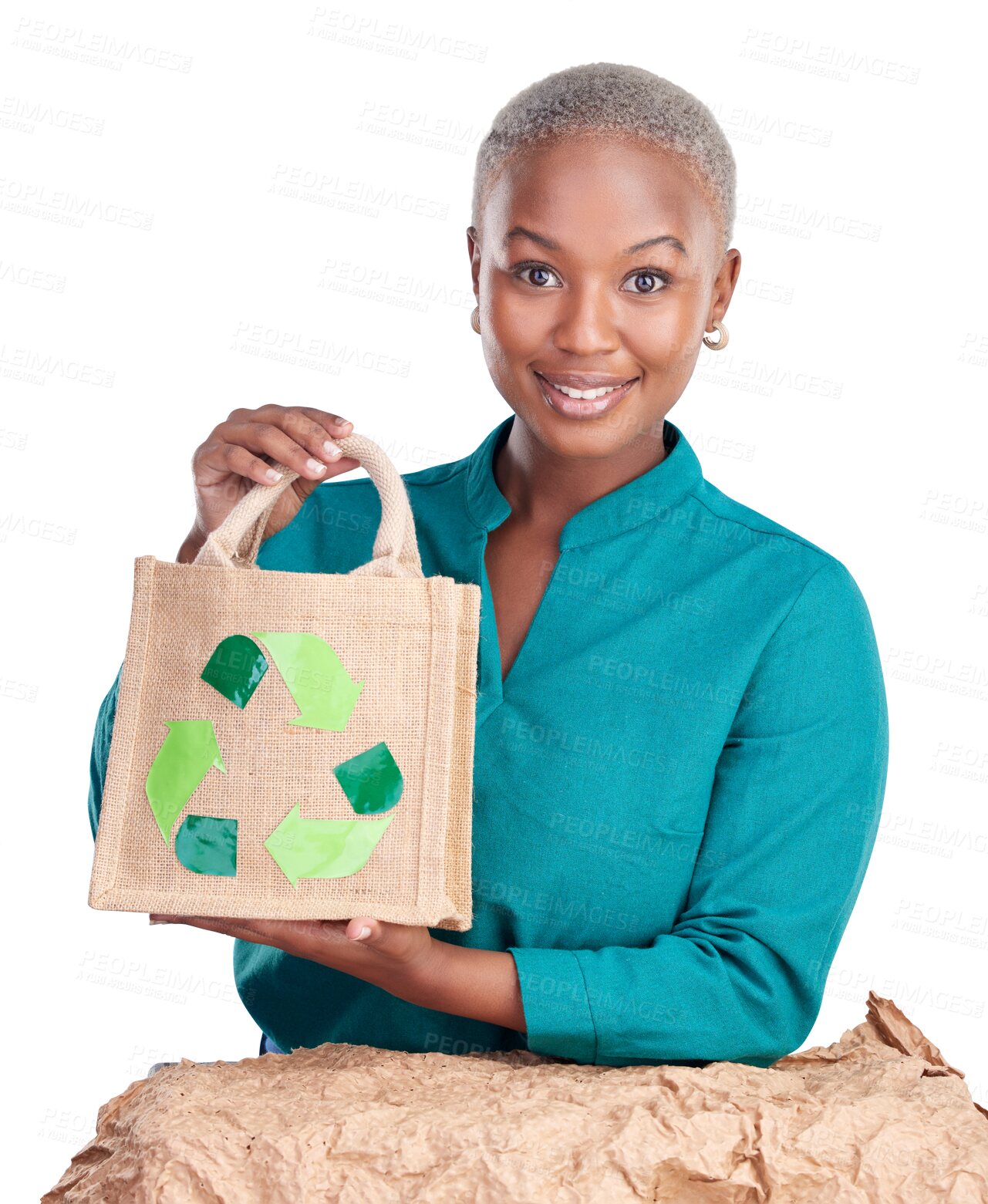 Buy stock photo Woman, portrait and bag for recycling with sign, environment and climate change isolated on png transparent background. Shopping, African customer with eco friendly carrier and social responsibility