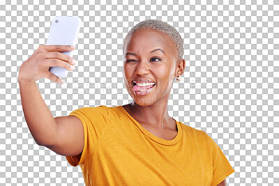 Buy stock photo Social media, selfie and funny face of black woman in isolated background, transparent and technology. Girl, happy and phone for photography for post in app with internet for profile picture