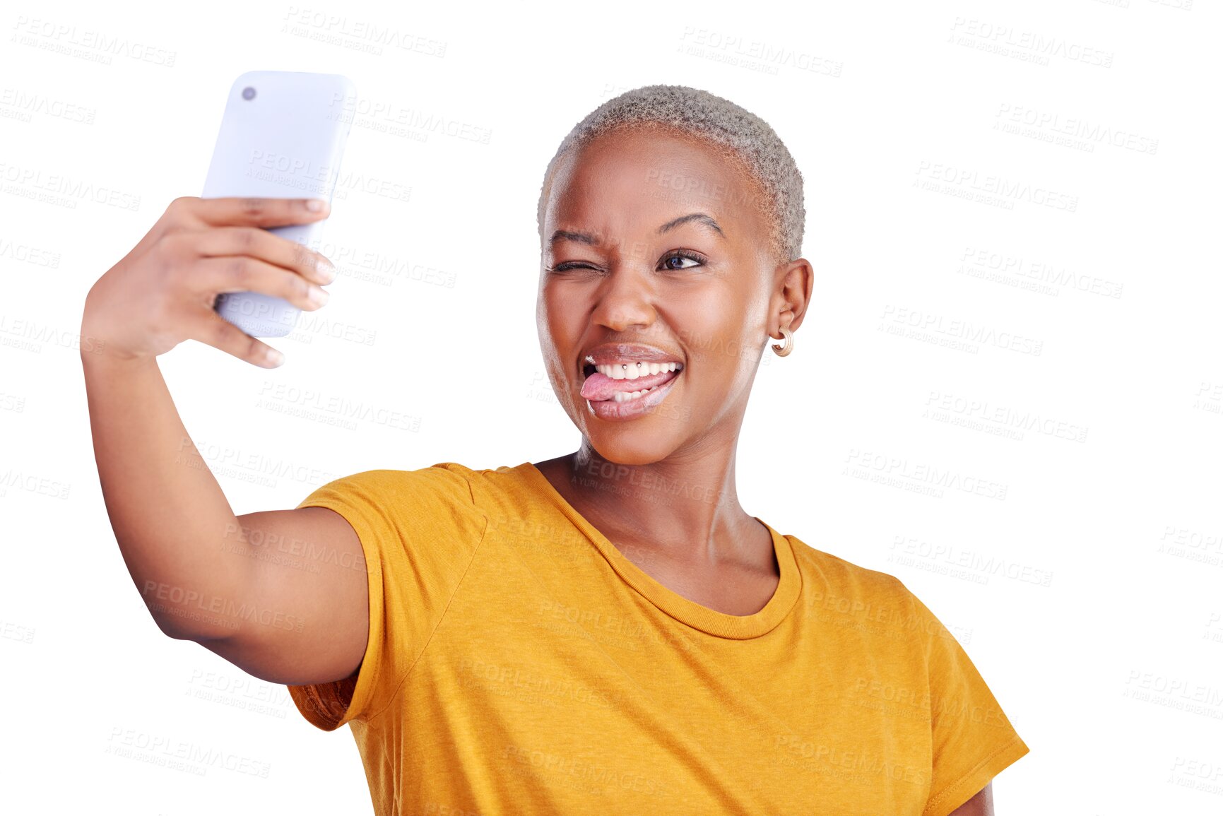 Buy stock photo Social media, selfie and funny face of black woman in isolated background, transparent and technology. Girl, happy and phone for photography for post in app with internet for profile picture