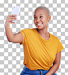 Phone, selfie and smile with a black woman on a blue background