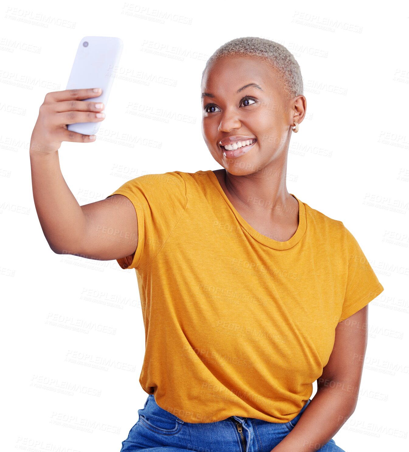 Buy stock photo Happy black woman, selfie for social media and memory with photography isolated on png transparent background. Smile in picture, post or live streaming with influencer and content creation for blog