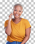 Phone call conversation, portrait and happy black woman speaking