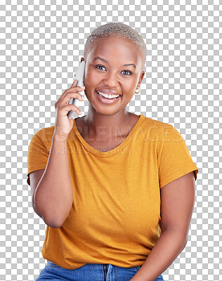 Buy stock photo Phone call, portrait or happy black woman laughing at funny communication, joke or conversation. Networking, smile or African lady with humor talking on mobile isolated on transparent PNG background