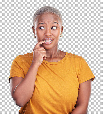 Buy stock photo Anxiety, biting nails and black woman with stress for thinking, confused or idea facial expression. Fear, scared and African female person with nervous face isolated by transparent png background.