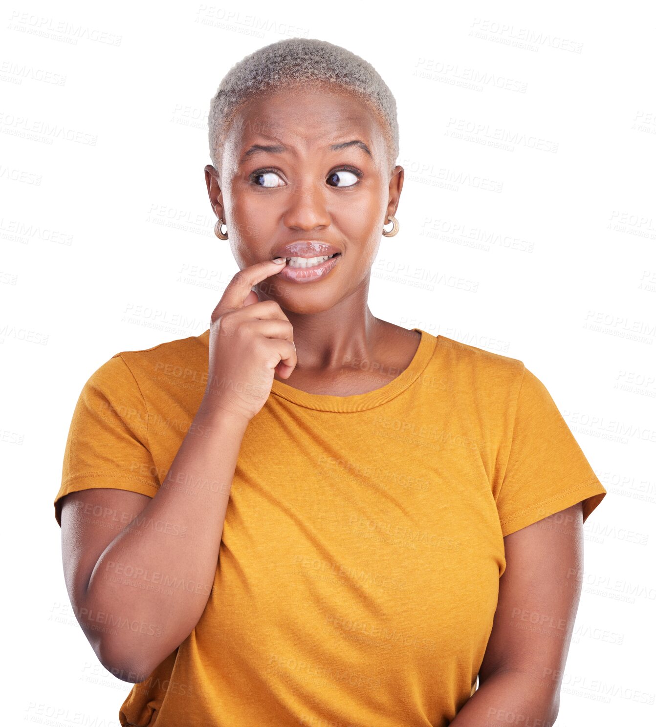 Buy stock photo Anxiety, biting nails and black woman with stress for thinking, confused or idea facial expression. Fear, scared and African female person with nervous face isolated by transparent png background.