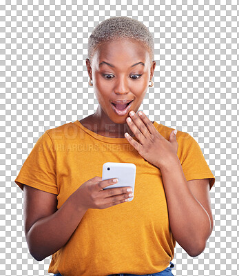 Buy stock photo Excited black woman, wow or surprise phone notification for communication isolated on png background. Omg, transparent or shocked African person on mobile app on social media for fake news or gossip