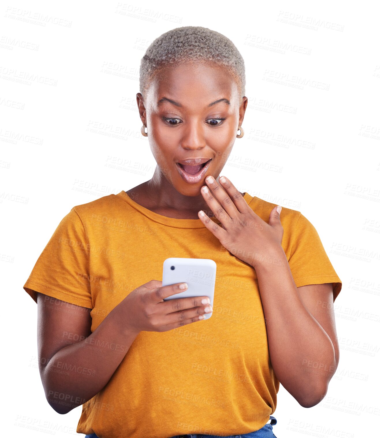 Buy stock photo Excited black woman, wow or surprise phone notification for communication isolated on png background. Omg, transparent or shocked African person on mobile app on social media for fake news or gossip