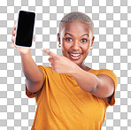 Portrait, phone screen and happy black woman point at studio adv