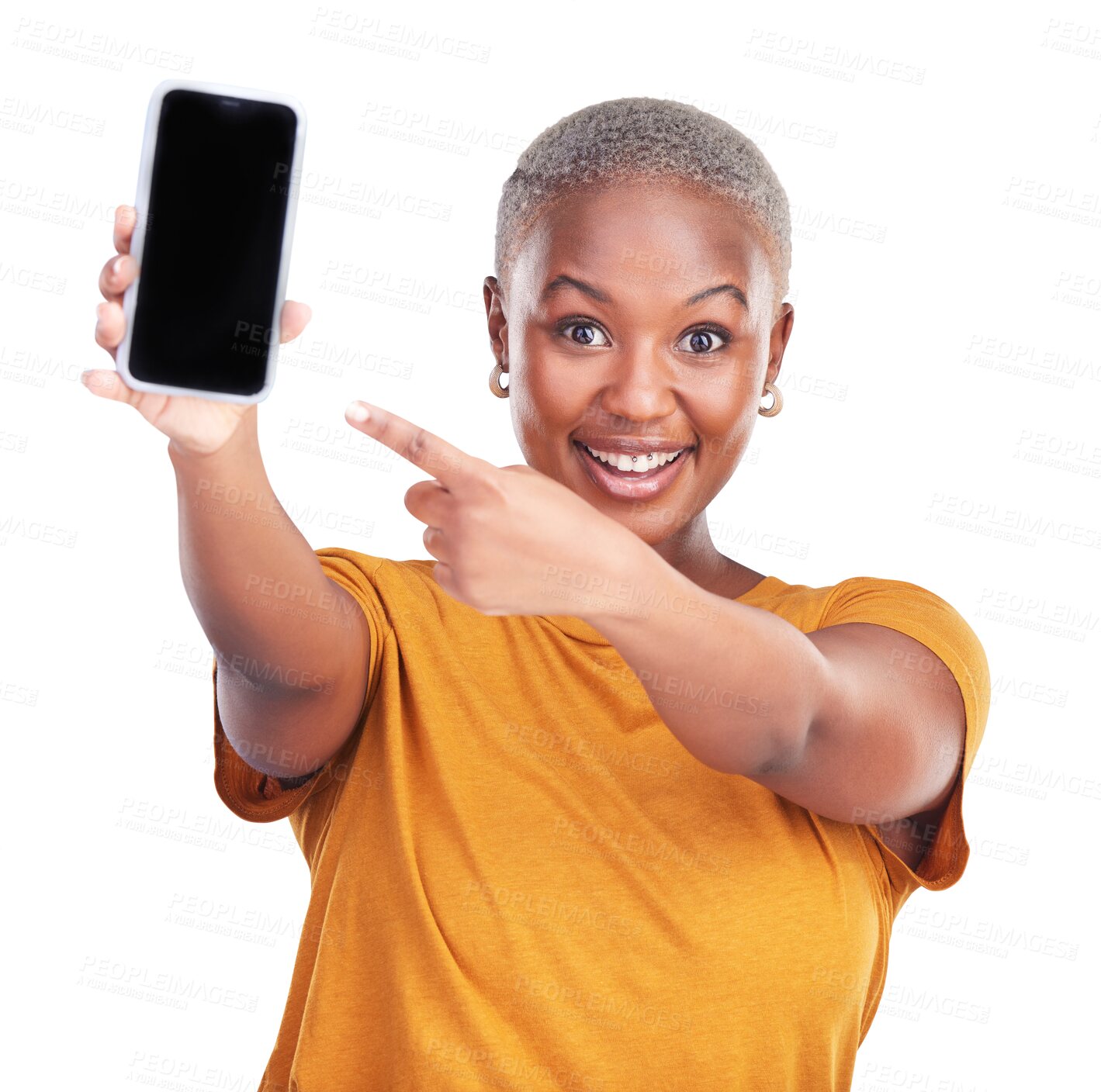 Buy stock photo Black woman, pointing at phone and mockup for advertising tech and app on png transparent background. Smile for website ads, internet and marketing with screen, UX and digital information or news