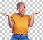 Black woman, shrug and confused portrait in studio with hand ges