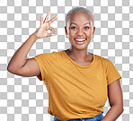 Black woman, ok sign and smile in studio portrait for good revie