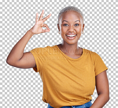 Buy stock photo Black woman, smile in portrait and OK hand gesture for agreement and support isolated on png transparent background. Sign, icon and like emoji with vote or feedback, happiness with praise or pride