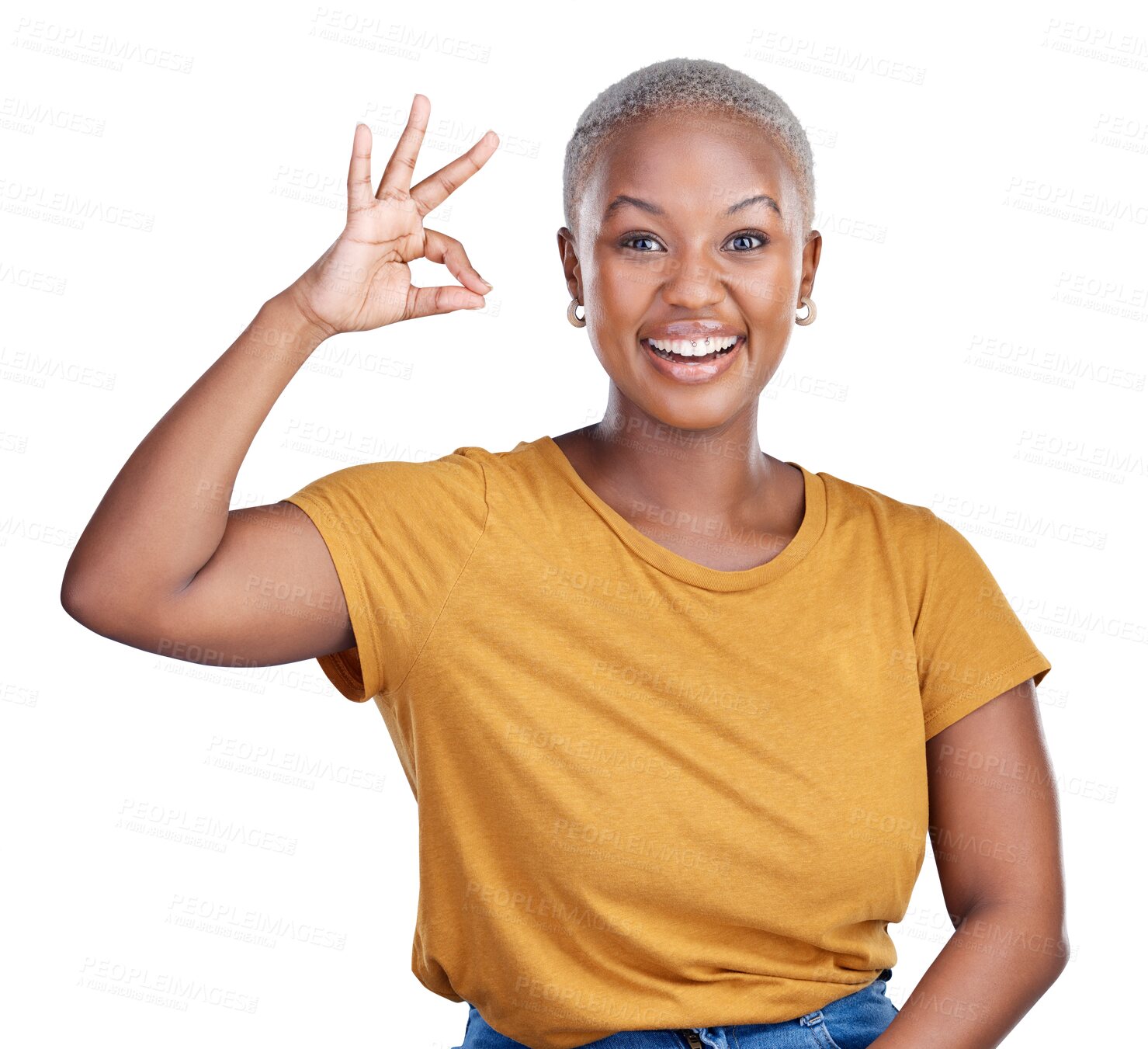 Buy stock photo Black woman, smile in portrait and OK hand gesture for agreement and support isolated on png transparent background. Sign, icon and like emoji with vote or feedback, happiness with praise or pride