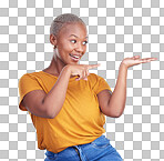 Decision, pointing and black woman with a smile, presentation an