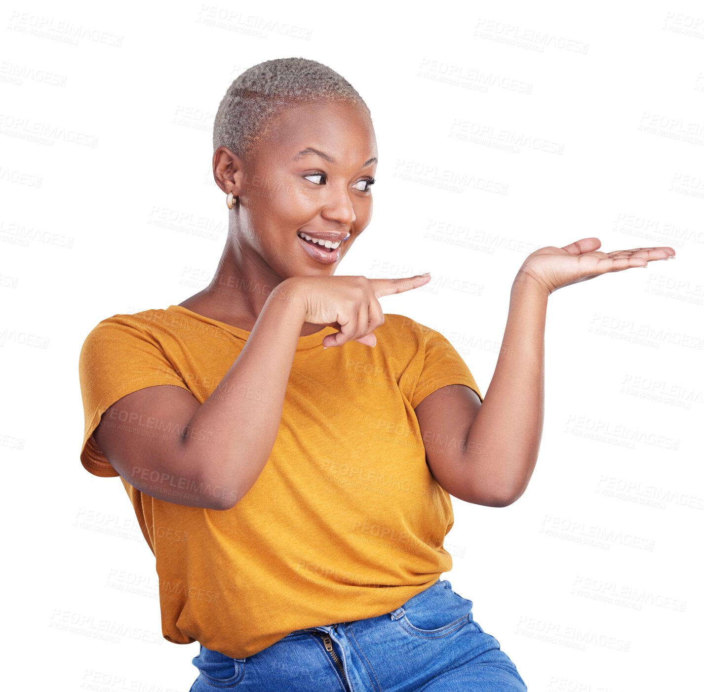 Buy stock photo Black woman, pointing at product in hand for presentation, show or display isolated on png transparent background. Announcement, launch or coming soon with info, commercial and platform for ads