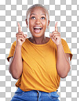 Excited, pointing up and happy black woman with studio advertisi