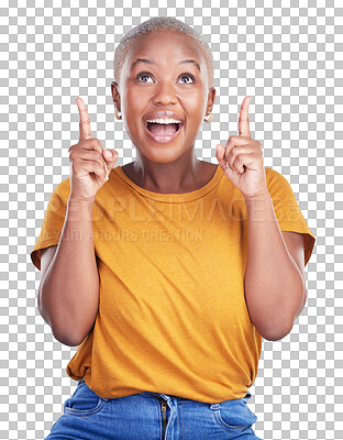 Buy stock photo Black woman, excited for advertising and pointing up with information and presentation isolated on png transparent background. Announcement, news and happy with offer or launch, marketing and promo