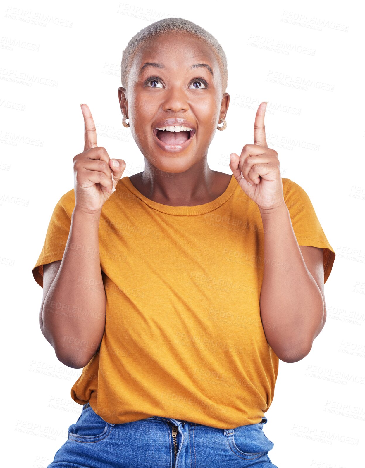 Buy stock photo Black woman, excited for advertising and pointing up with information and presentation isolated on png transparent background. Announcement, news and happy with offer or launch, marketing and promo