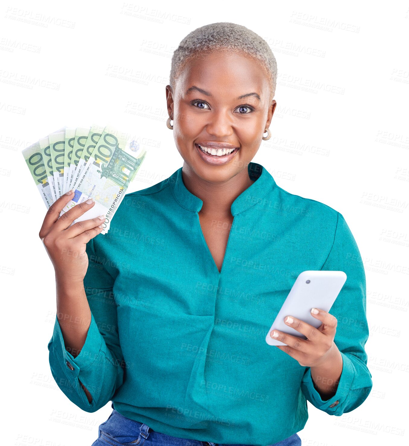 Buy stock photo Black woman, smartphone and cash in portrait with happy expression for gambling, money prize and winner. Excited, female person and technology with success on isolated, transparent and png background